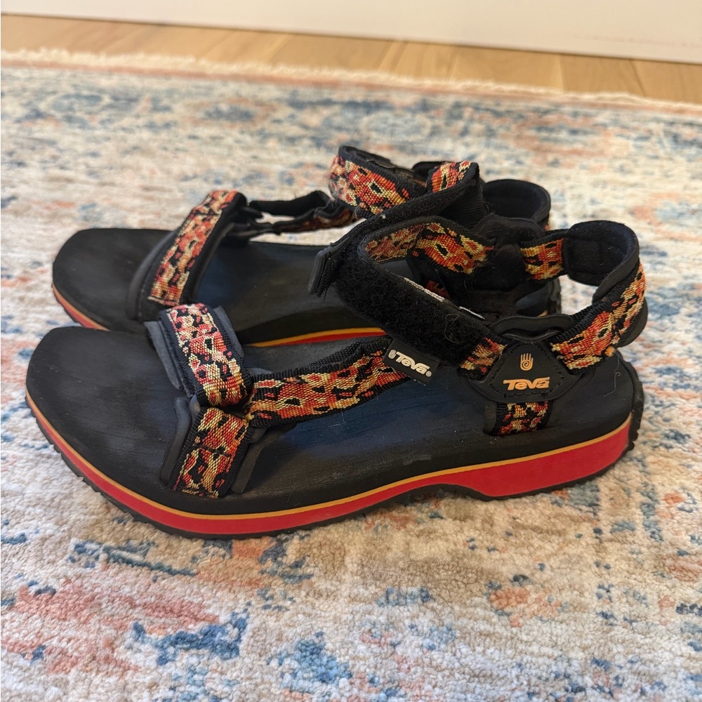 Teva Women's Black Sandals with Red and Orange Patterned Straps - Picture 3 of 9